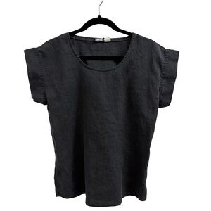 Vintage Black Linen Boxy Short Sleeve Top